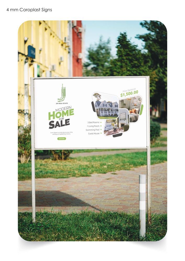 A sign for a home sale is sitting on the side of the road.