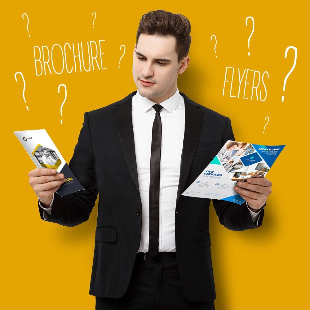 A person contemplating on what brochure or flyers to choose A person contemplating on what brochure or flyers to choose