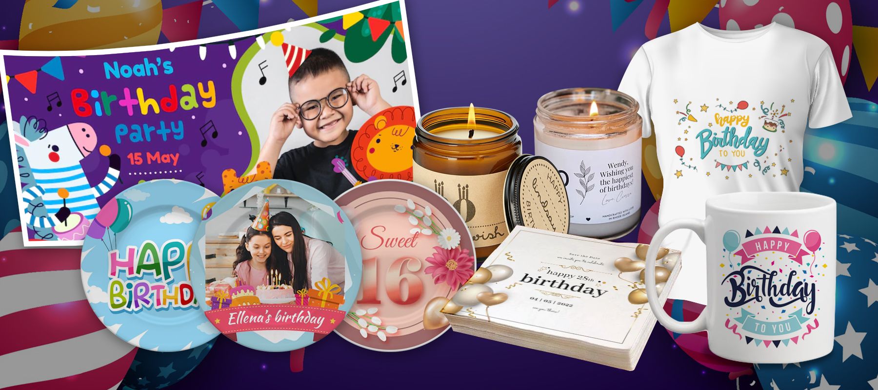 custom birthday banner, plates, candles, t-shirt, napkins, mug custom birthday banner, plates, candles, t-shirt, napkins, mug