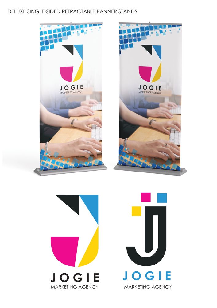 A roll up banner for a company called jogie marketing agency.