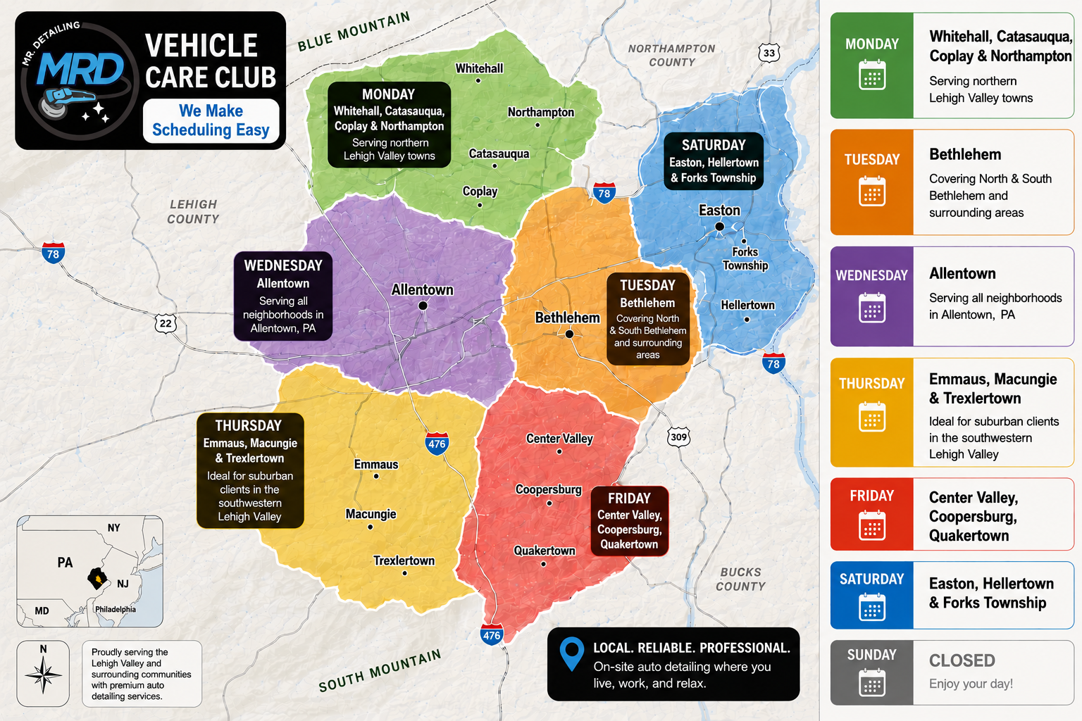 MRD Vehicle Care Club map infographic with colored service zones and a location legend