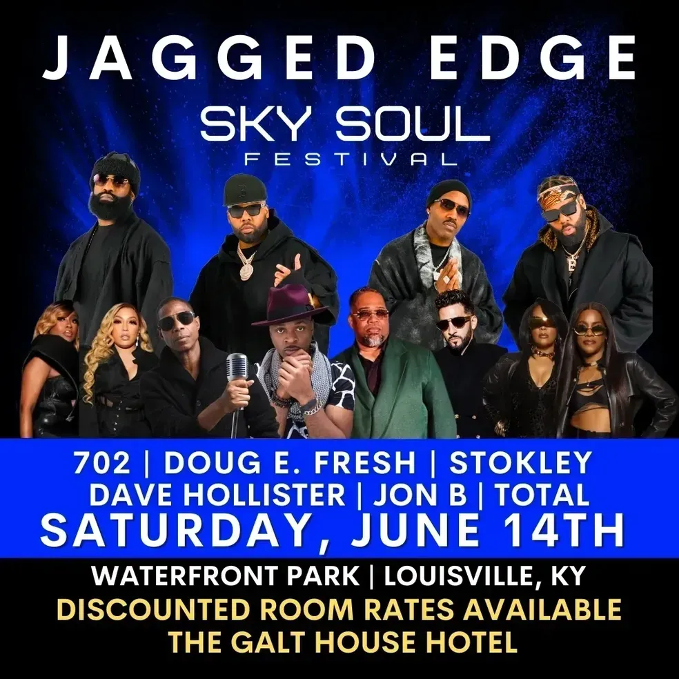 Poster for Sky Soul Festival, headlined by Jagged Edge, June 14th in Louisville, KY. Other performers include Doug E. Fresh, Stokley, and Jon B.