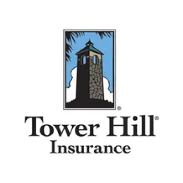 A logo for tower hill insurance with a tower in the middle