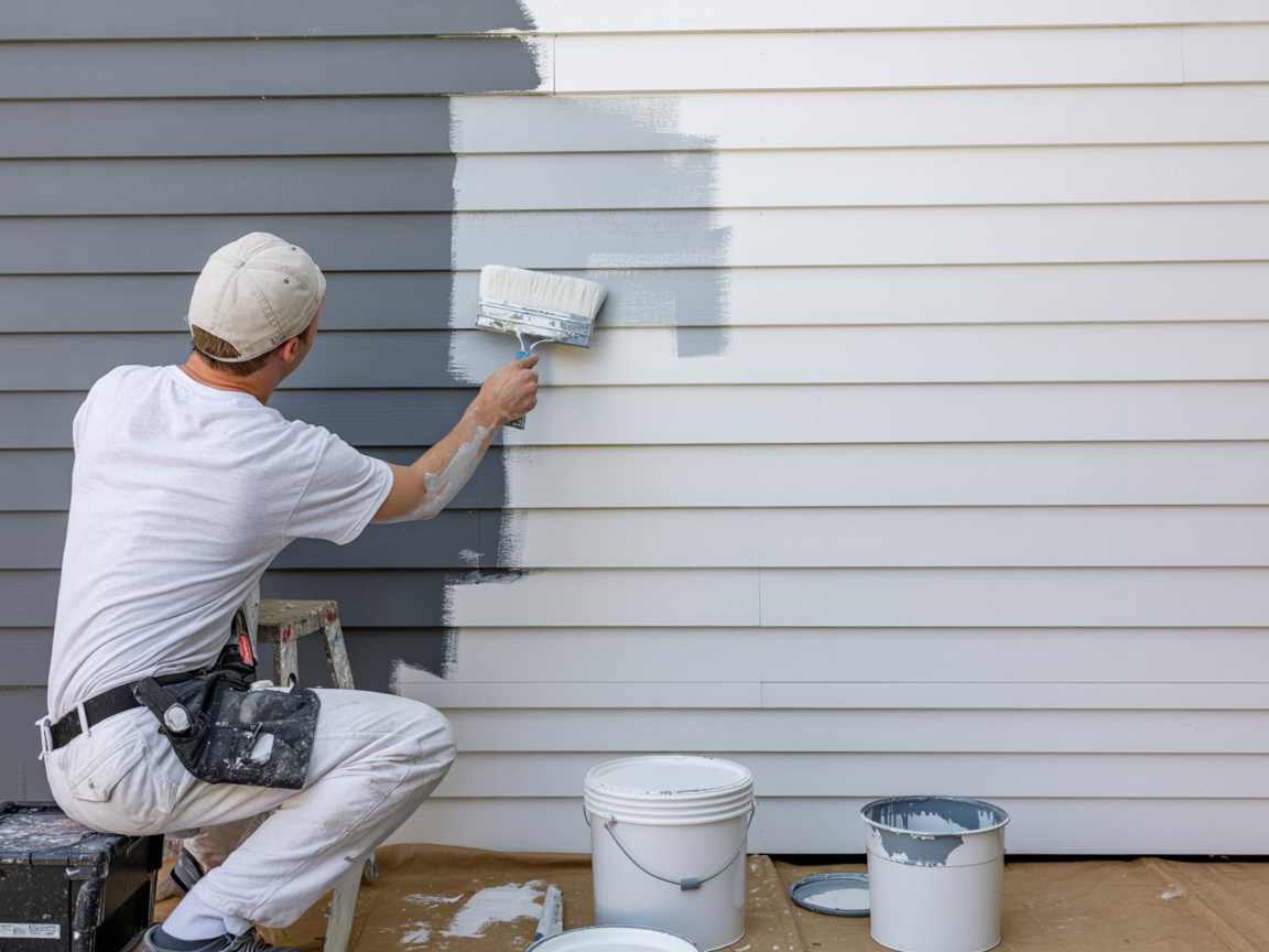 Painter applying white paint to house siding with a roller next to paint buckets