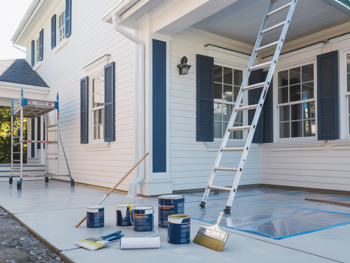 House exterior being painted, with ladders, paint cans, and tools on a covered porch.
