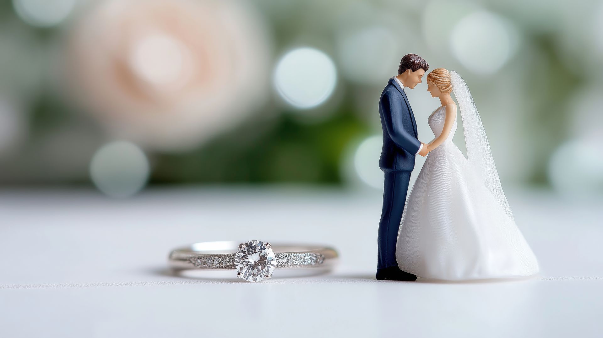 Miniature bride and groom figurines stand near an engagement ring with a blurred floral background.