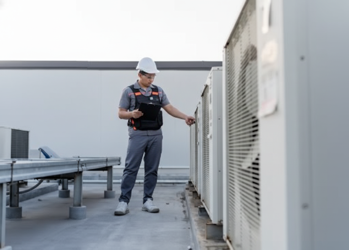 HVAC technician in white hard hat inspecting rooftop air conditioning units.