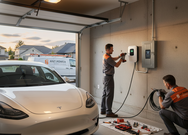 Electric vehicle charging station with cars parked and a person standing nearby.