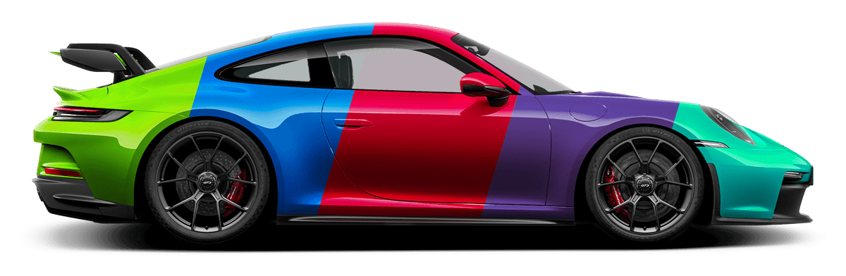 Colorful Porsche sports car with green, blue, red, purple, and teal sections.