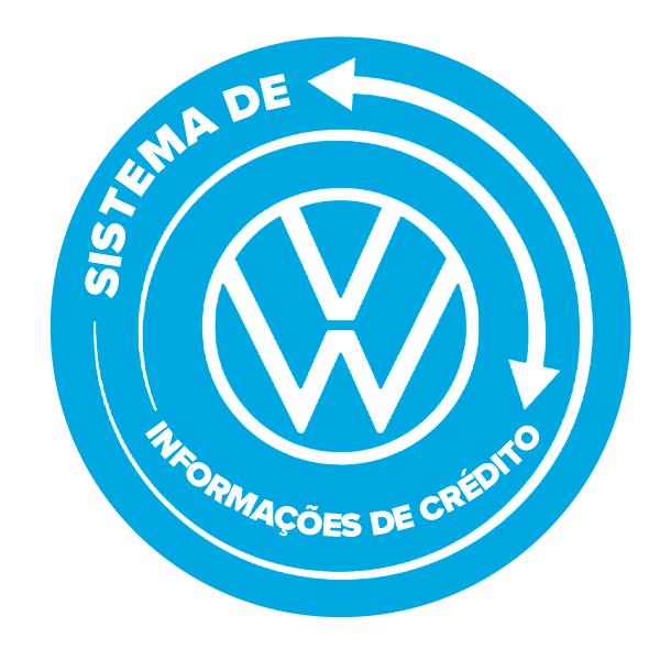 Logotipo do sistema de informações de crédito da Volkswagen em azul e branco com setas circulares e emblema da VW