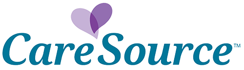 A blue and purple logo for caresource with a heart in the middle.