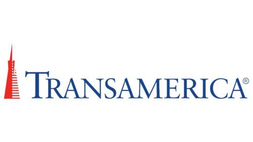A transamerica logo with a red and blue tower on a white background.