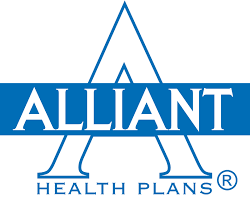 A blue and white logo for alliant health plans