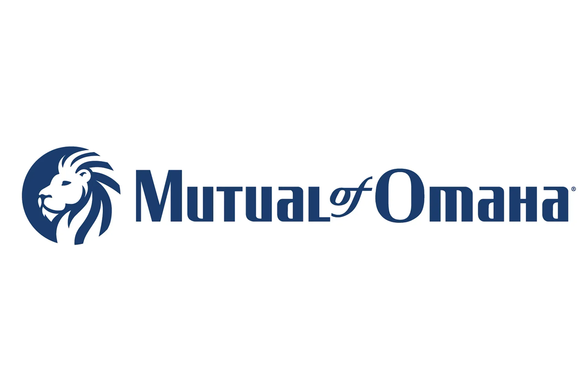 The mutual of omaha logo is blue and has a lion on it.
