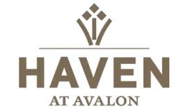Community Logo Logo for Haven at Avalon: brown text, top emblem, light brown.