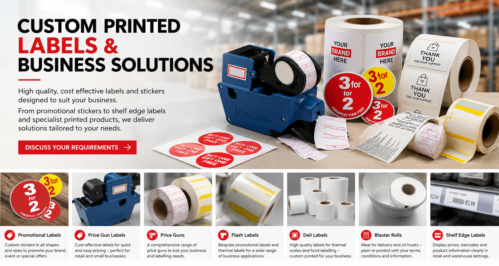 Custom printed label and business solutions ad with rolls, labels, and a label printer