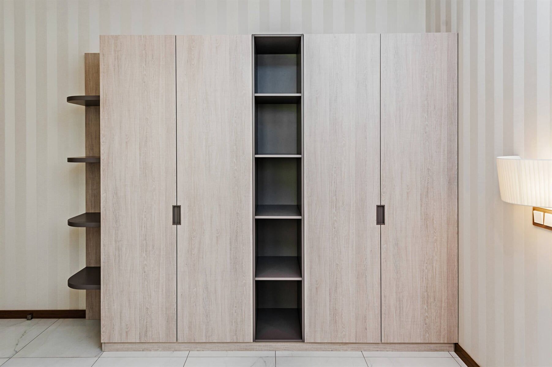 A Bedroom with A Large Wooden Wardrobe and Shelves — Lock & Door in Wodonga, VIC