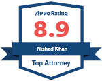 Avvo Rating badge for Nishad Khan, rated 8.9, labeled Top Attorney