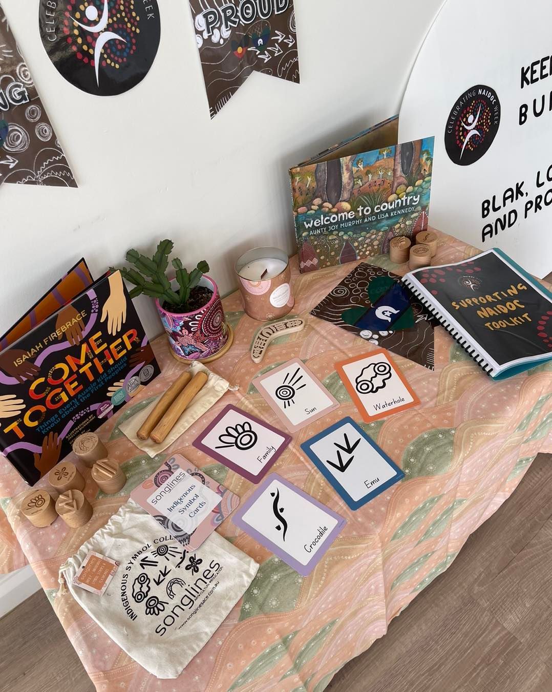 Table with books, cards, and Indigenous art, soft colors, educational setting.