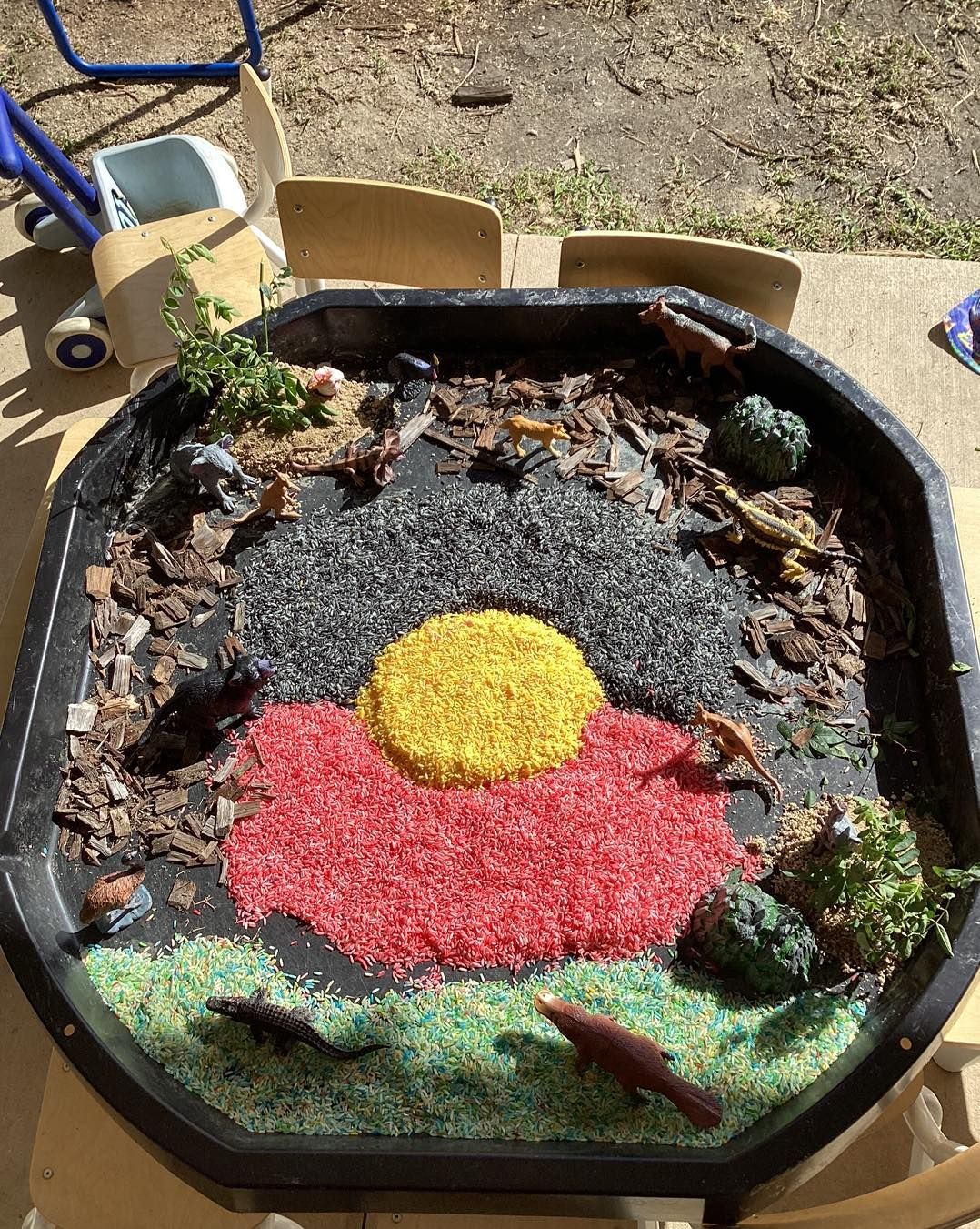 Tray with Aboriginal flag made of colorful grains and natural elements, including toy reptiles.