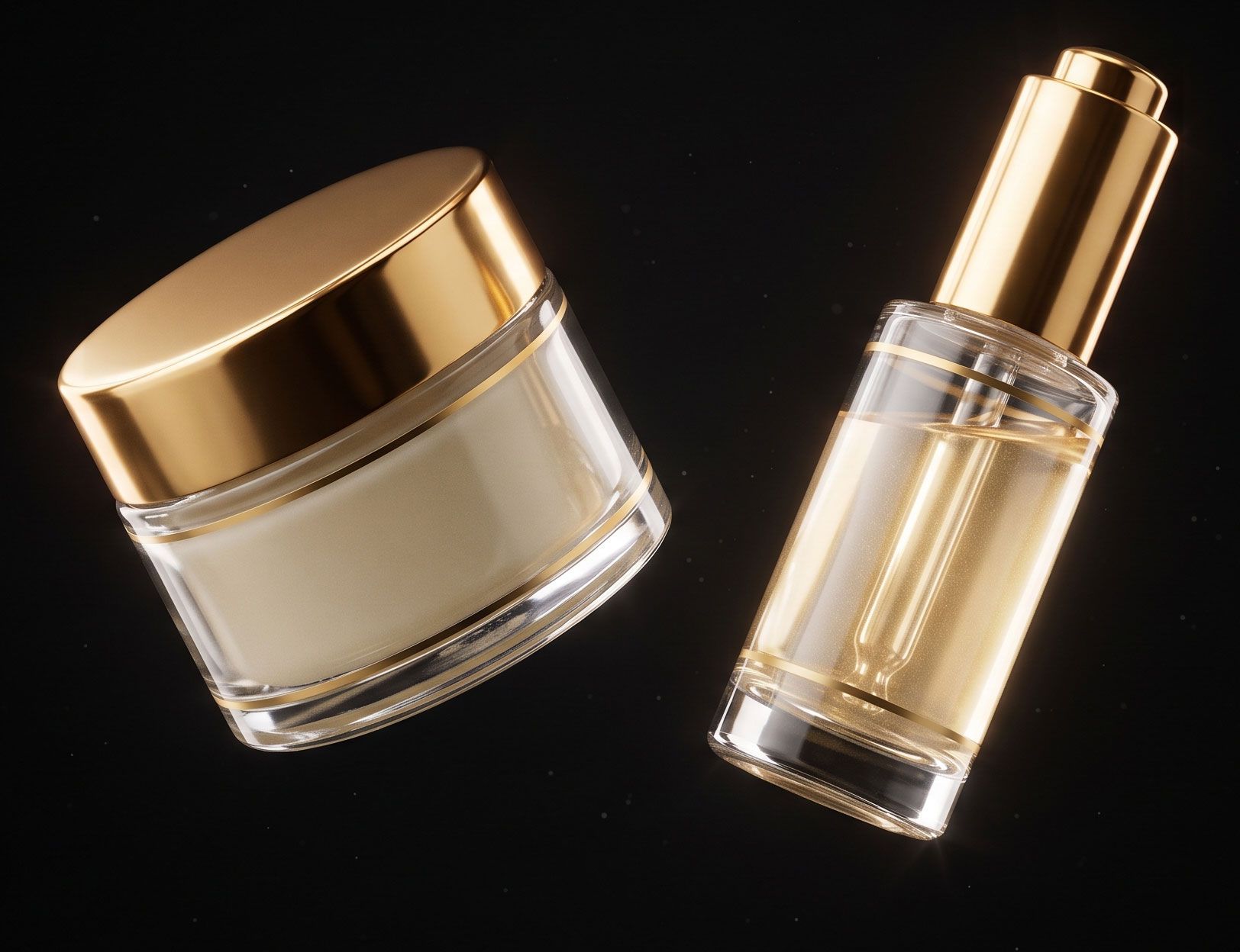 Gold cosmetic jar and matching spray perfume bottle on a black background