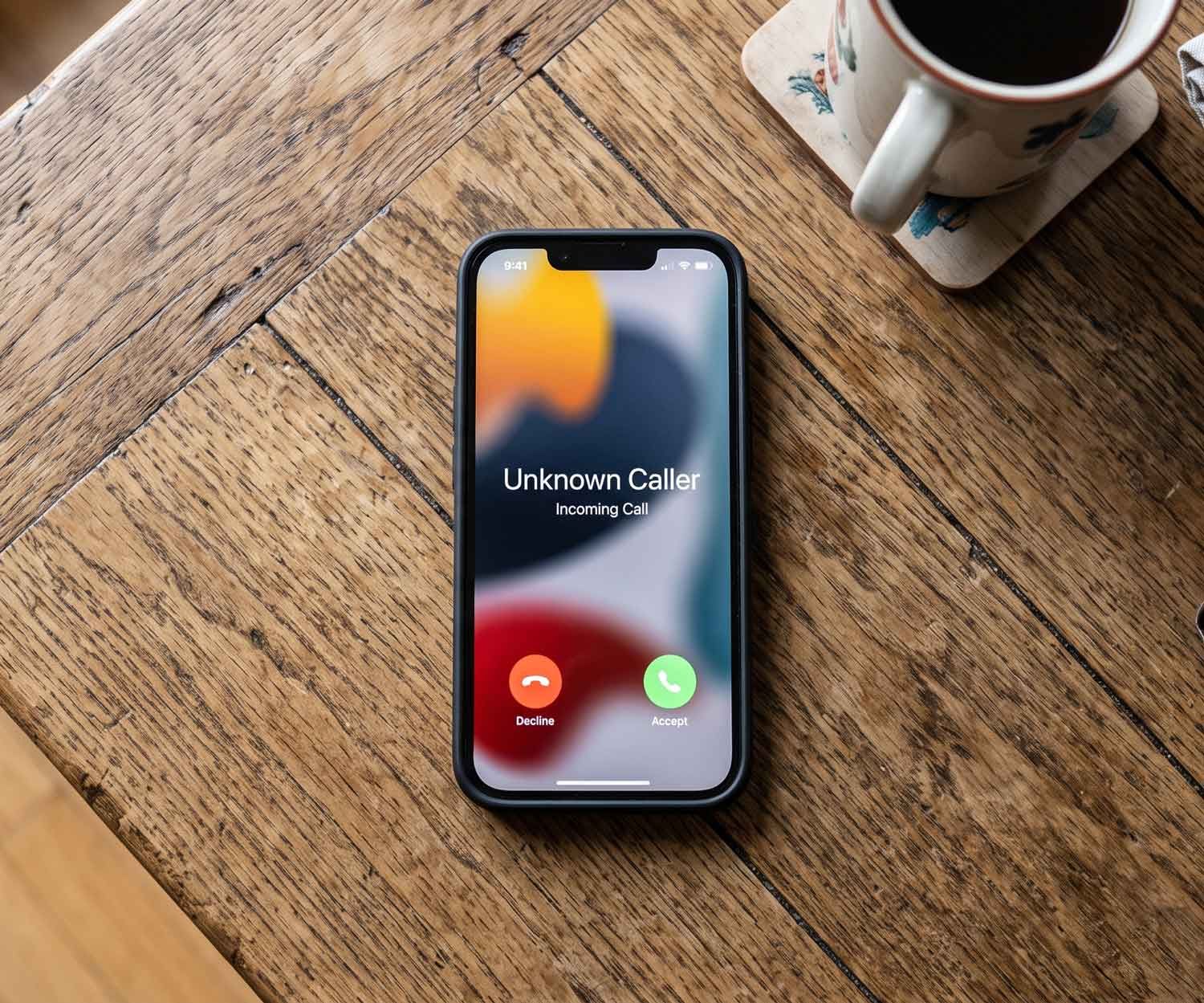 Smartphone showing an incoming call on a wooden table beside a coffee mug.