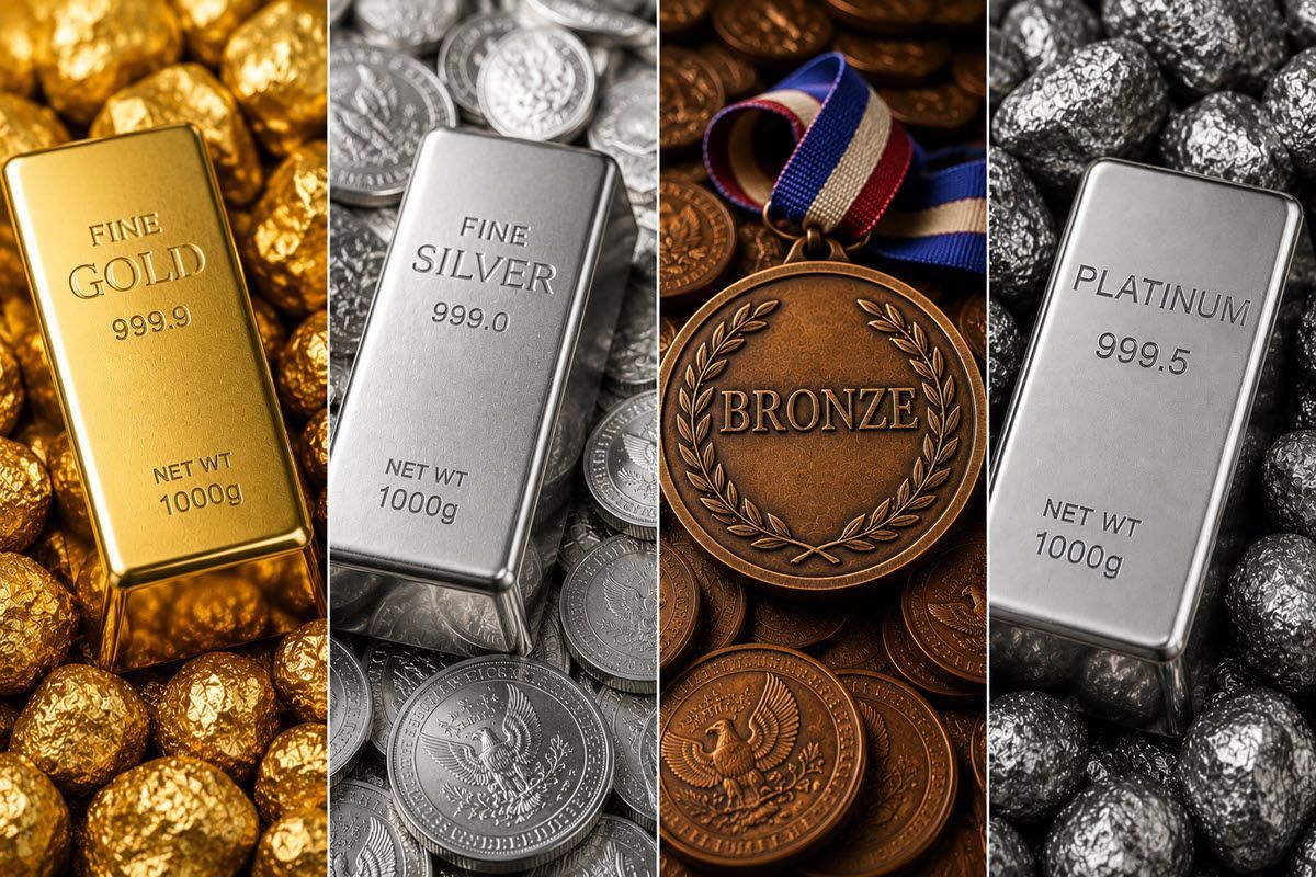 Gold, silver, bronze, and platinum bullion bars and coins arranged in four metallic sections.