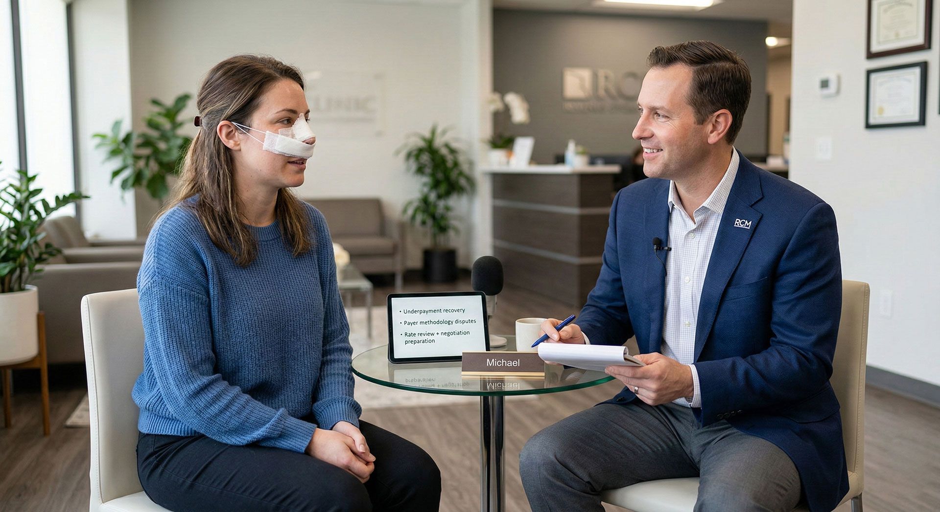 Woman with nasal dressing and man in suit in an office setting, both smiling and talking.
