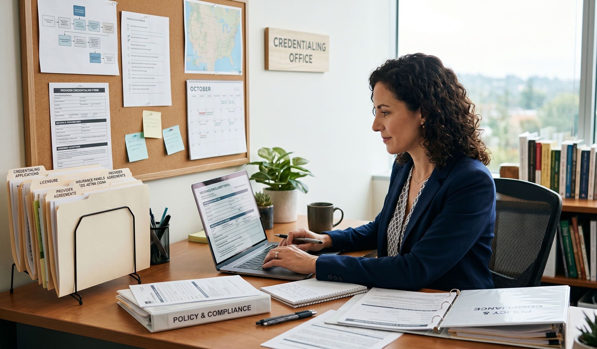 Woman working at desk in bright office, reviewing documents and laptop beside corkboard and files.