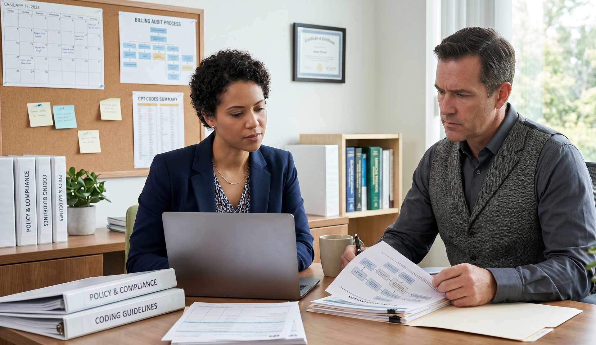Two coworkers review documents at a desk in a small office, with a laptop and bulletin board behind them.
