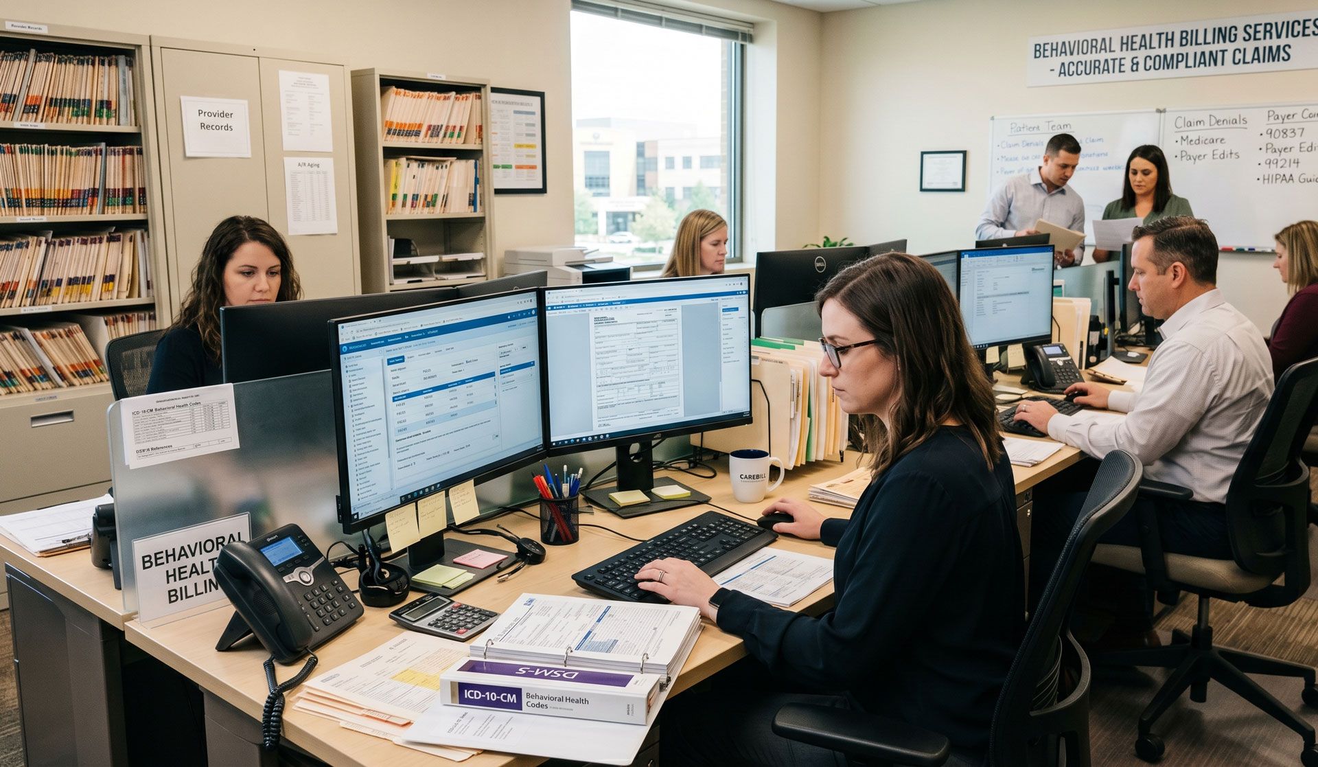 Office staff working at computers in a busy open-plan workspace, with files and phones on desks.