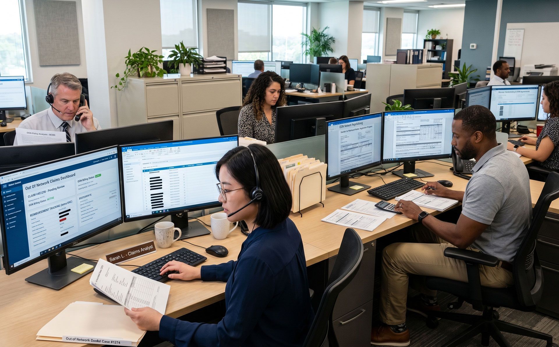 Open office with employees working at computers and reading documents at desks.