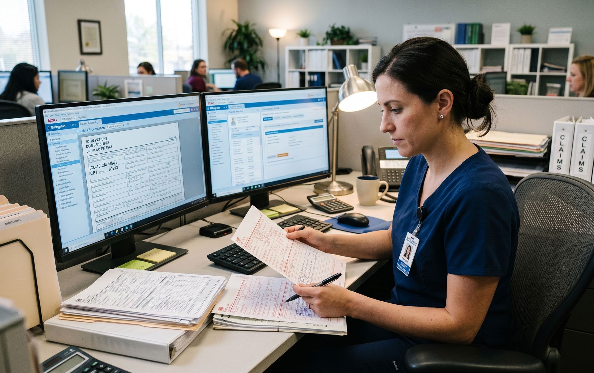 Office worker seated at a desk, focused on dual monitors in a bright open-plan office.