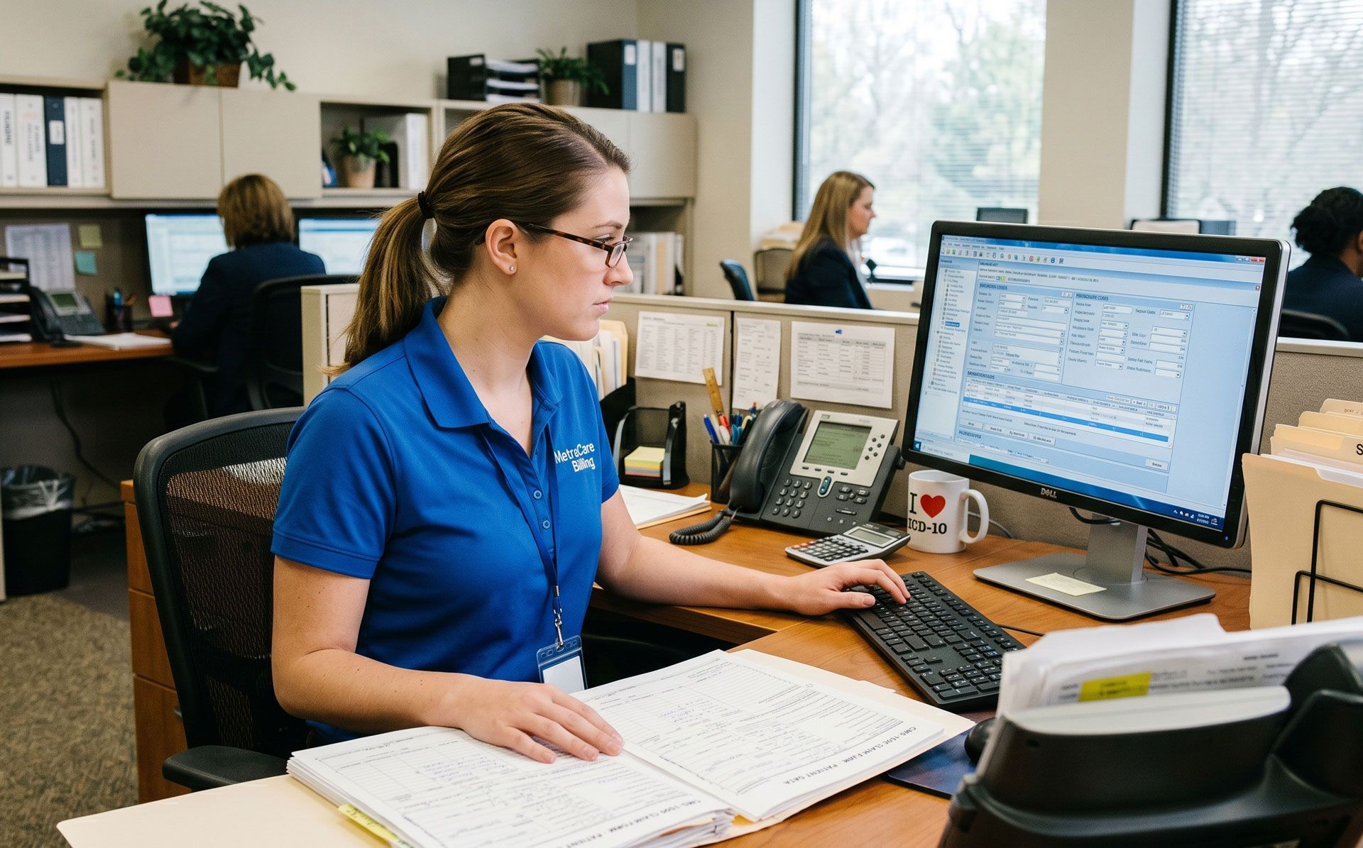 Office worker in a blue polo reviews papers at a desk with dual monitors in a busy open office.