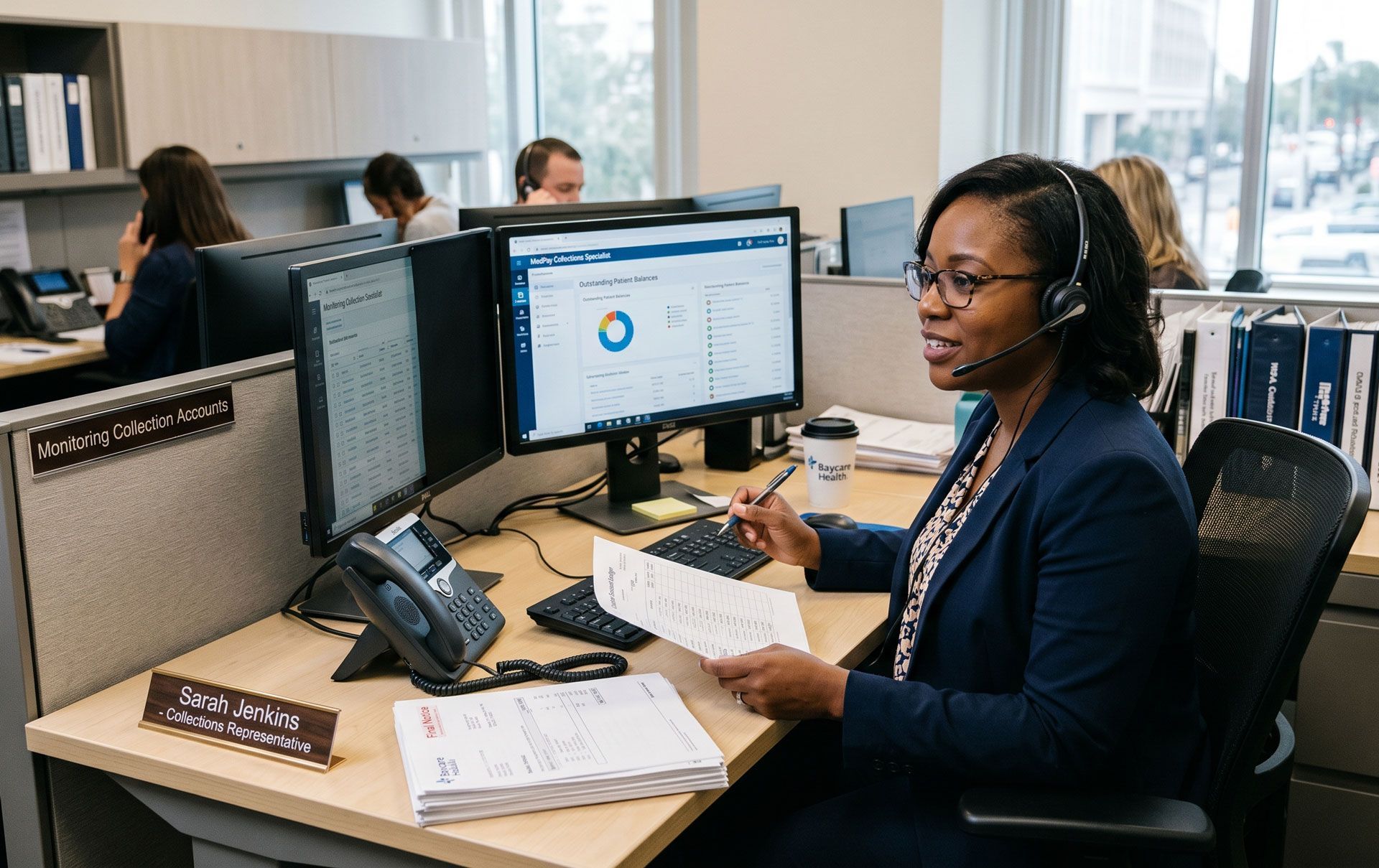 Call center agent wearing headset at desk with multiple monitors in an office, reviewing paperwork