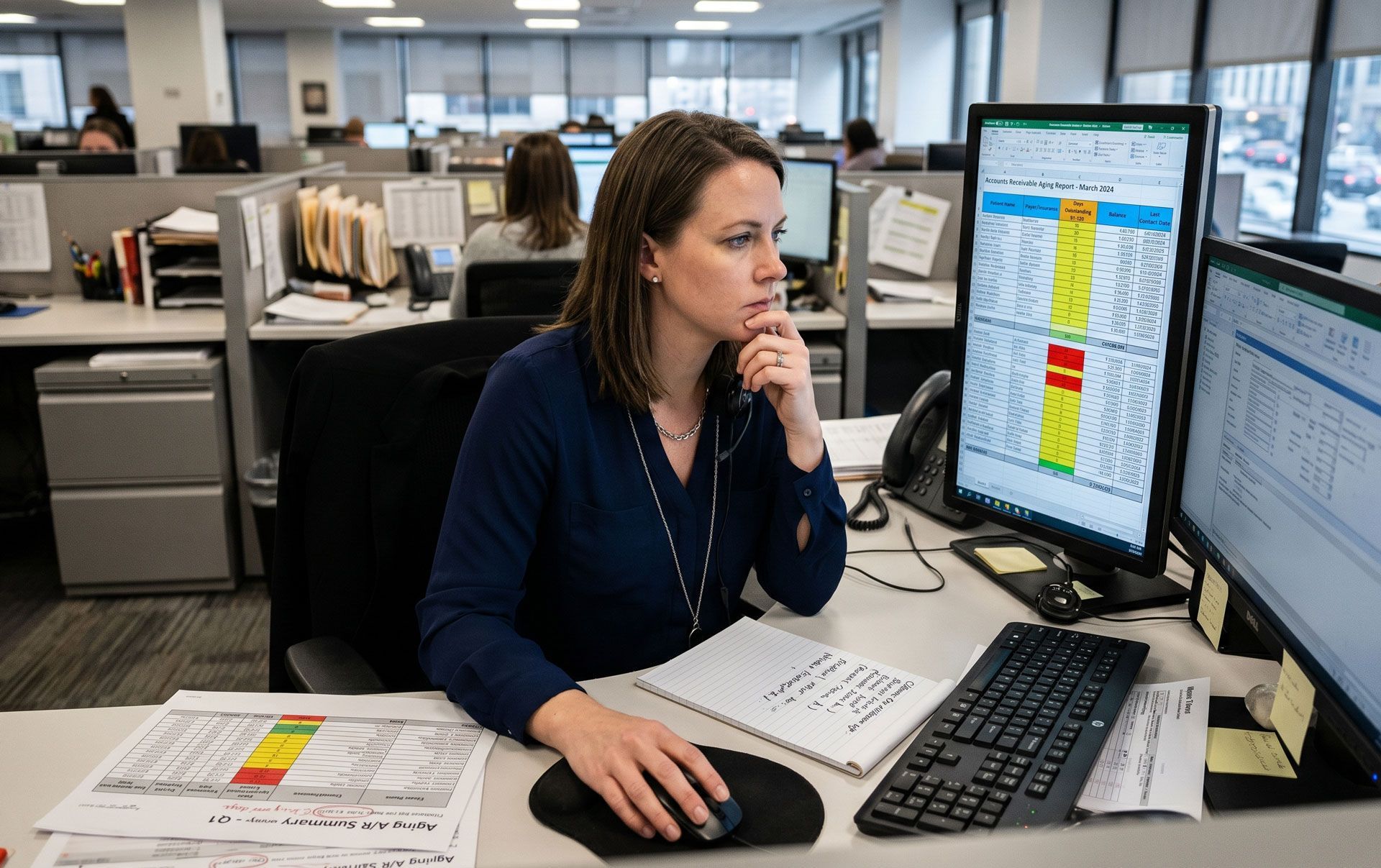 Office worker reviewing spreadsheets at a desk with dual monitors and papers spread around.