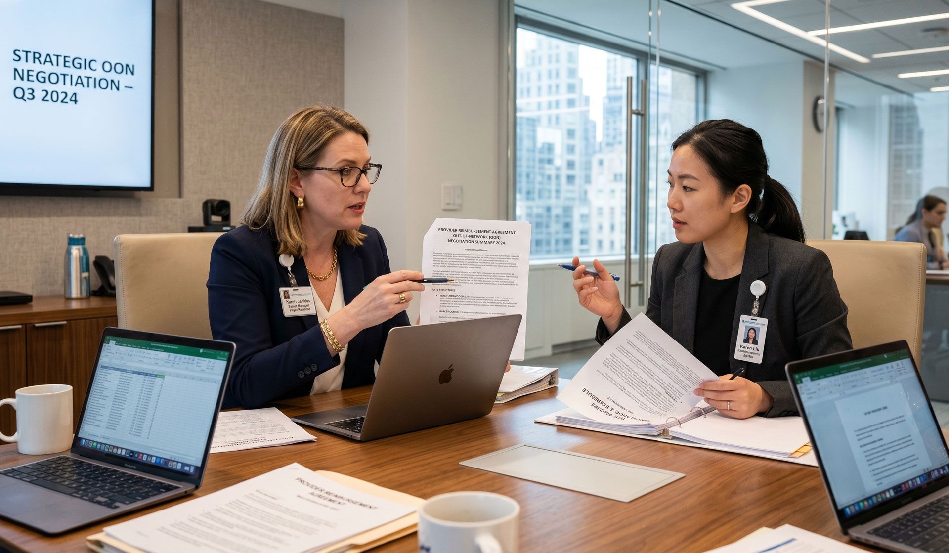 Two coworkers review documents across a conference table in a bright office meeting room.