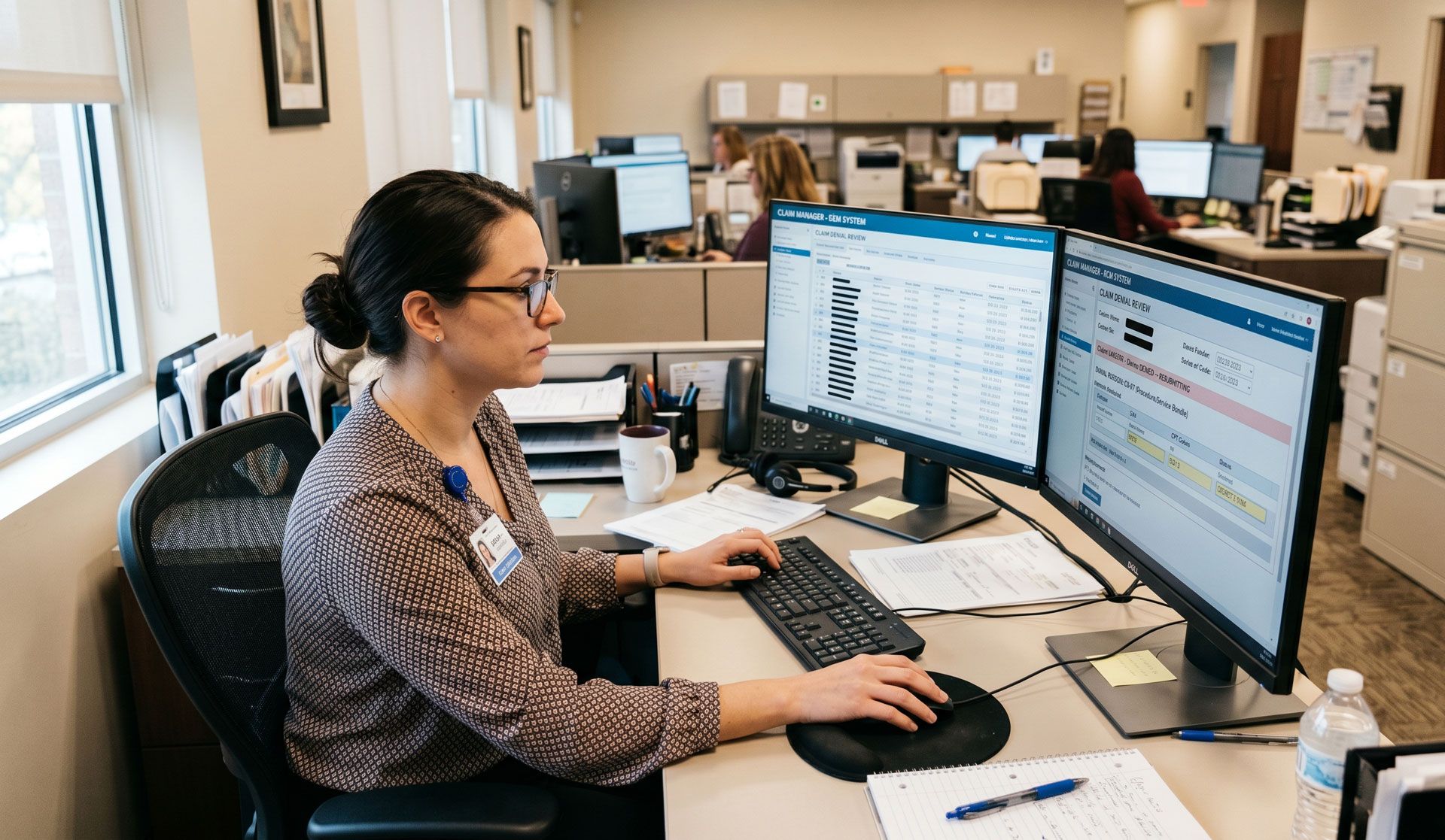 Person working at a desk with dual monitors in an office, typing and using a mouse.