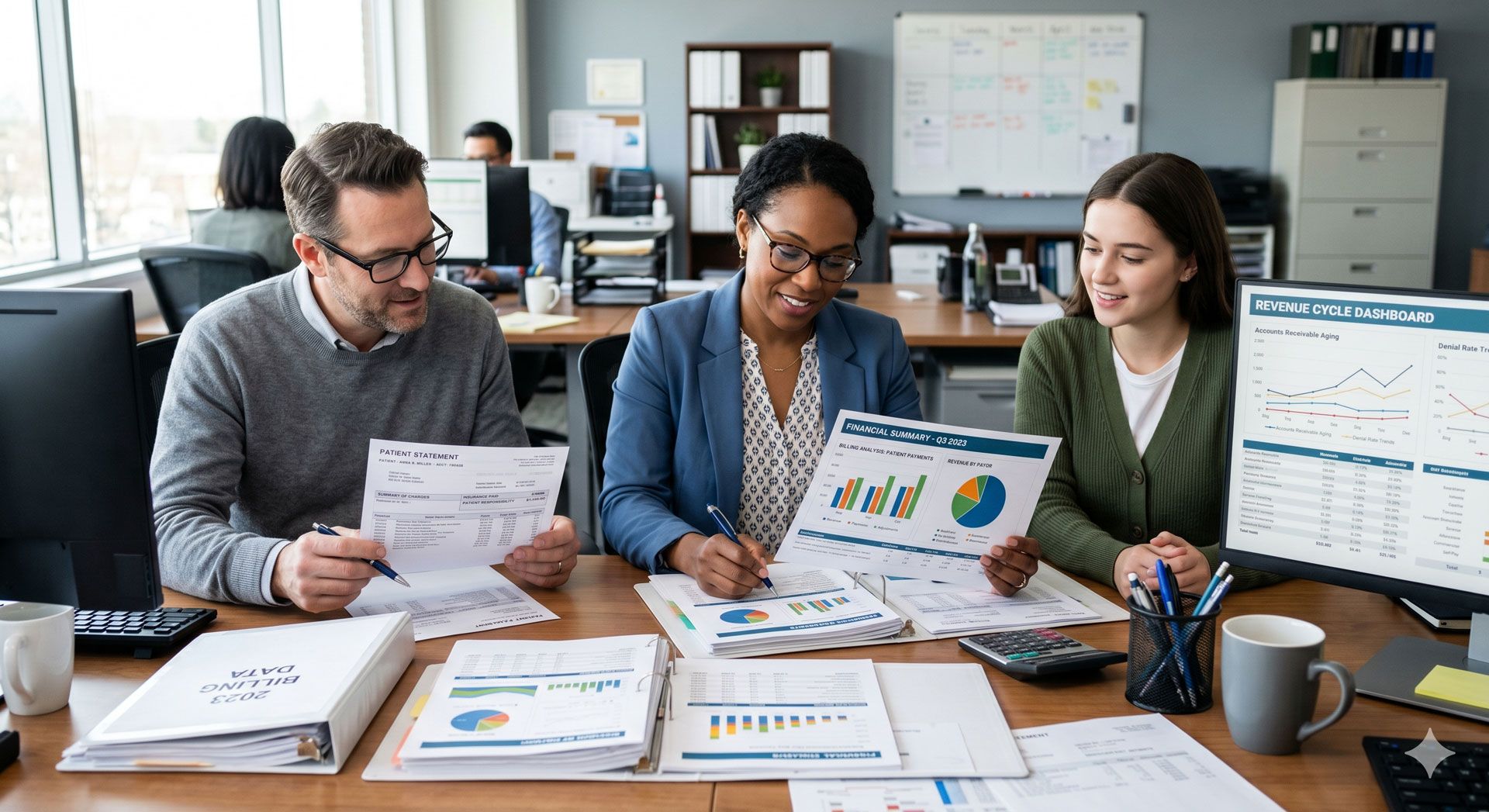 Three coworkers review charts and reports at a desk in a bright office.