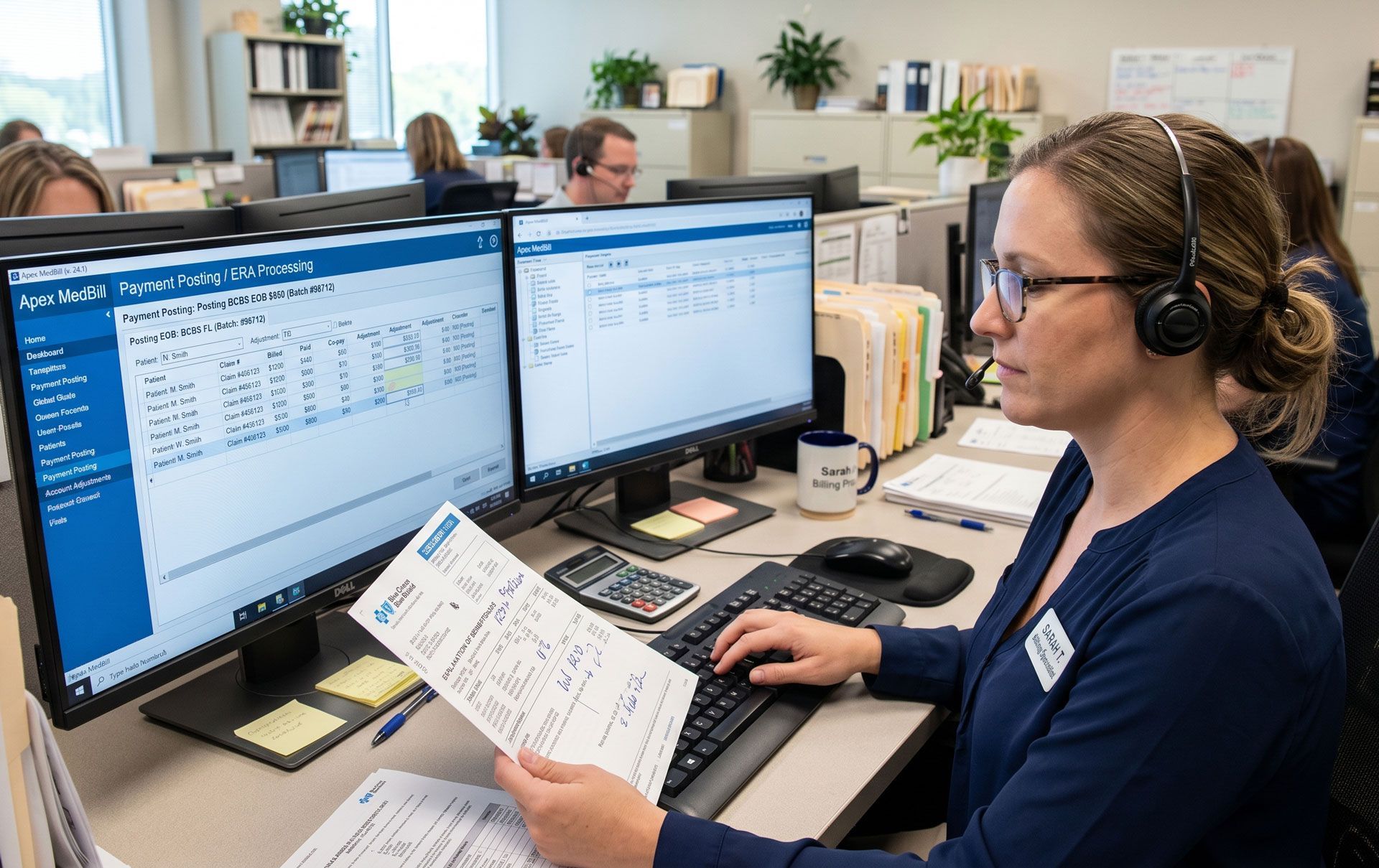Office worker wearing headset reviews documents at a dual-monitor computer workstation