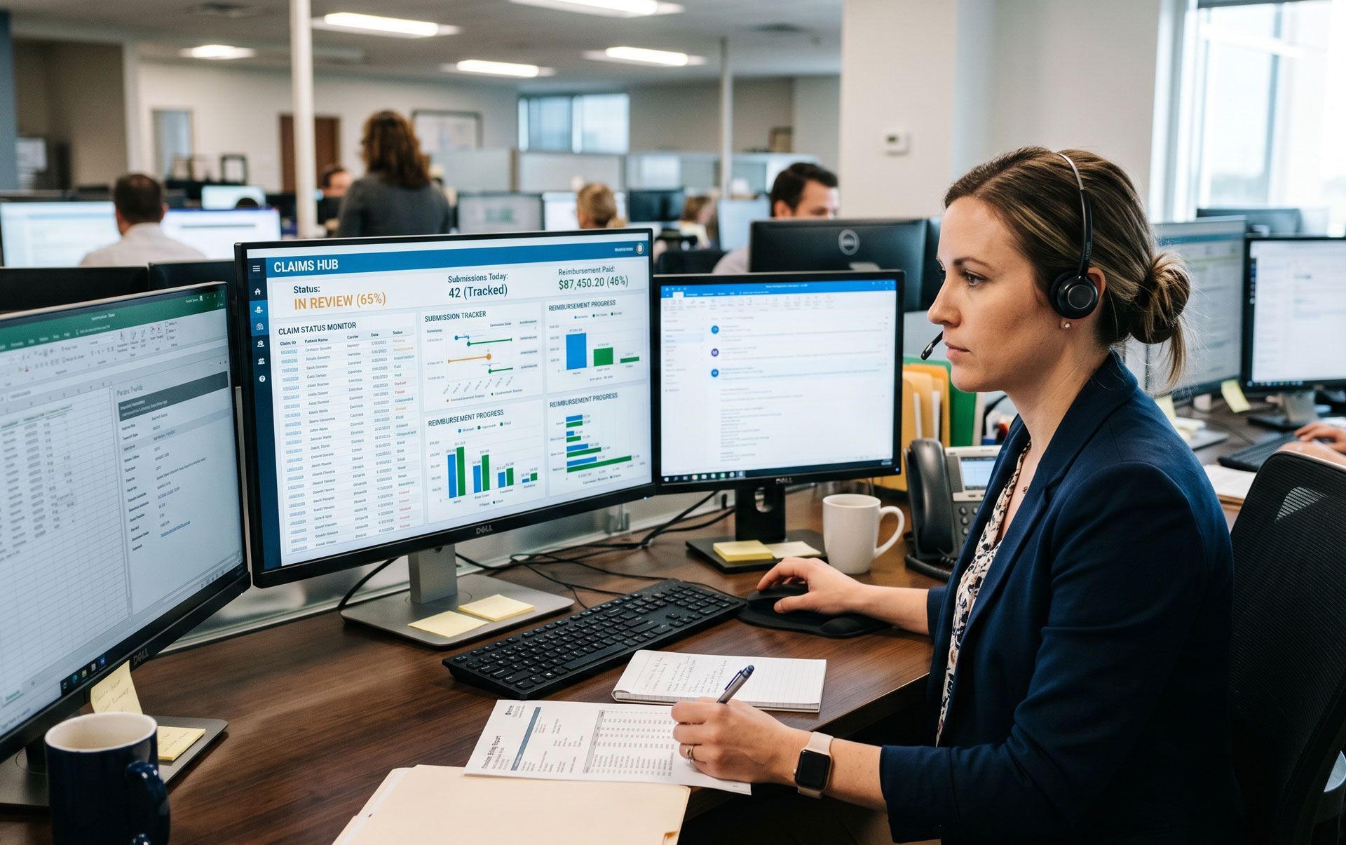 Woman wearing a headset working at a desk with multiple monitors in an office