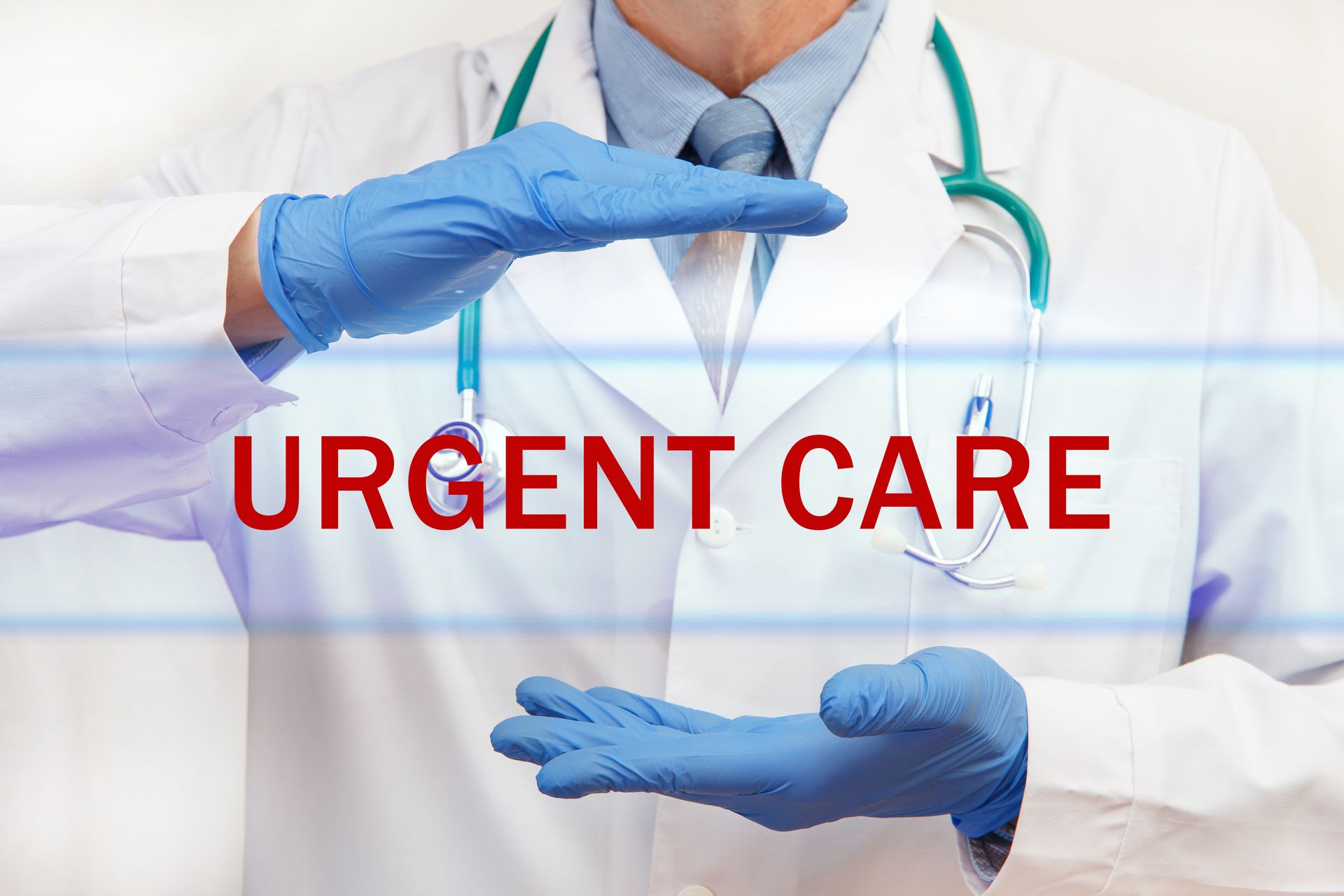 Doctor in white coat and blue gloves with “URGENT CARE” text overlaid