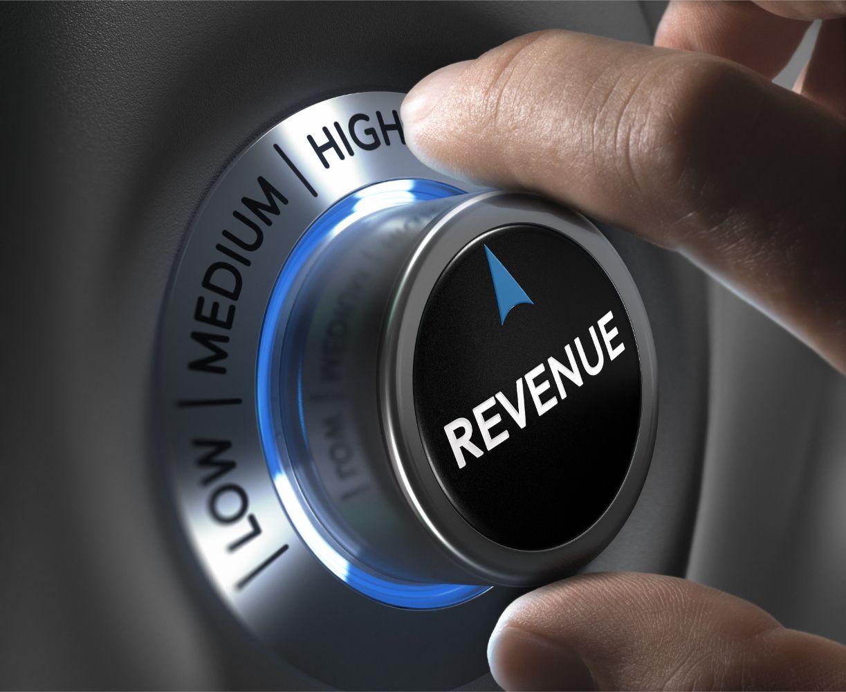 A person is pressing a button that says low medium high revenue