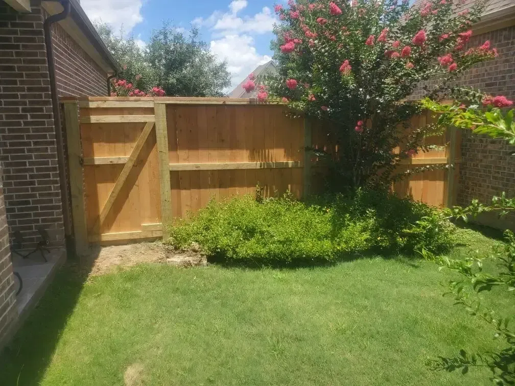 A wooden fence with a gate in the backyard of a house.
