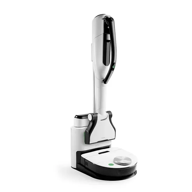 Aspirapolvere portatile bianco su base di ricarica con contenitore della polvere, isolato su sfondo bianco.