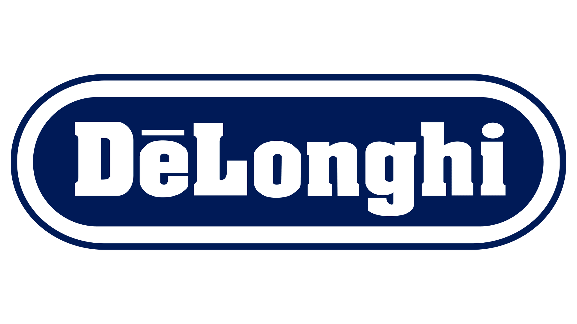 Logo De'Longhi in testo bianco su un rettangolo arrotondato blu scuro con bordo bianco.