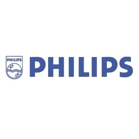 Logo Philips in blu con un piccolo emblema su sfondo bianco.