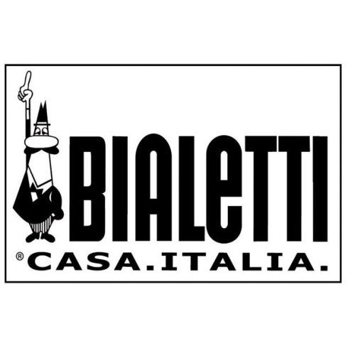 Logo di Bialetti Casa Italia in bianco e nero con un personaggio stilizzato che regge un cartello.
