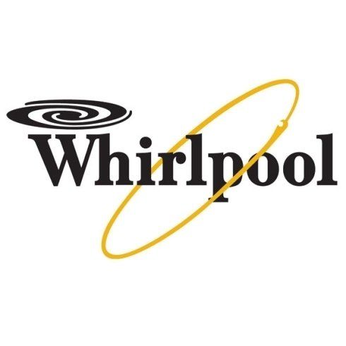 Logo Whirlpool con testo nero, spirale nera e dettaglio ovale dorato.