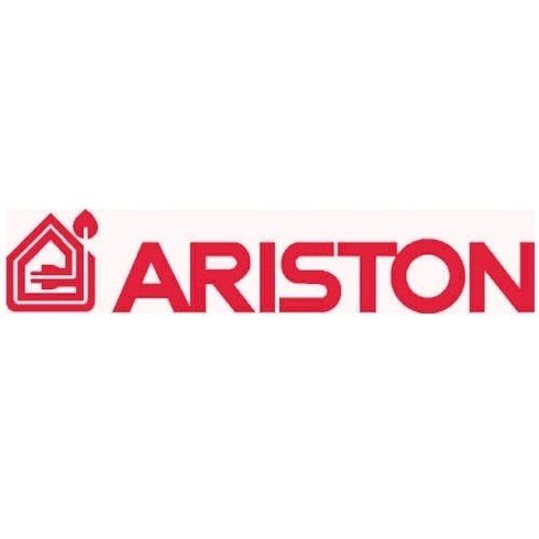 Logo ARISTON rosso con icona stilizzata di una casa su sfondo bianco.
